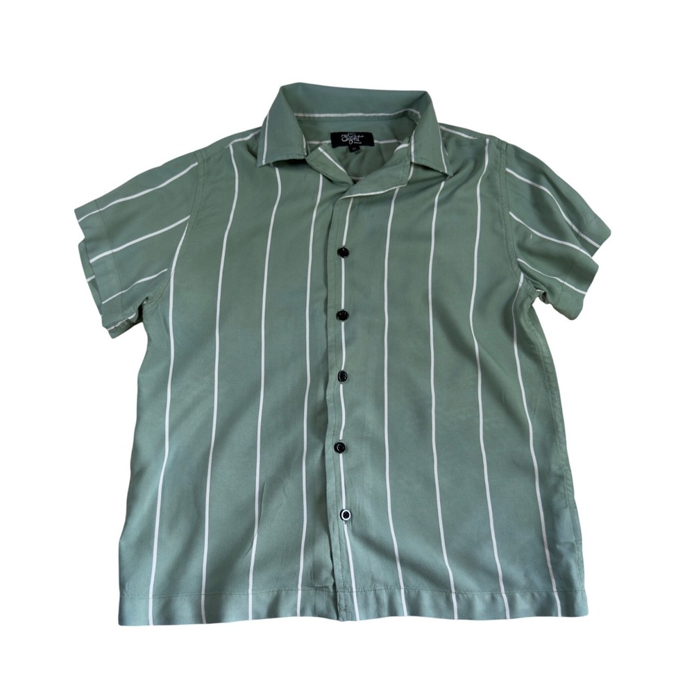 Eighty Eight Brand Boys Sage Green Vertical Stripe Short Sleeve Button Down 14